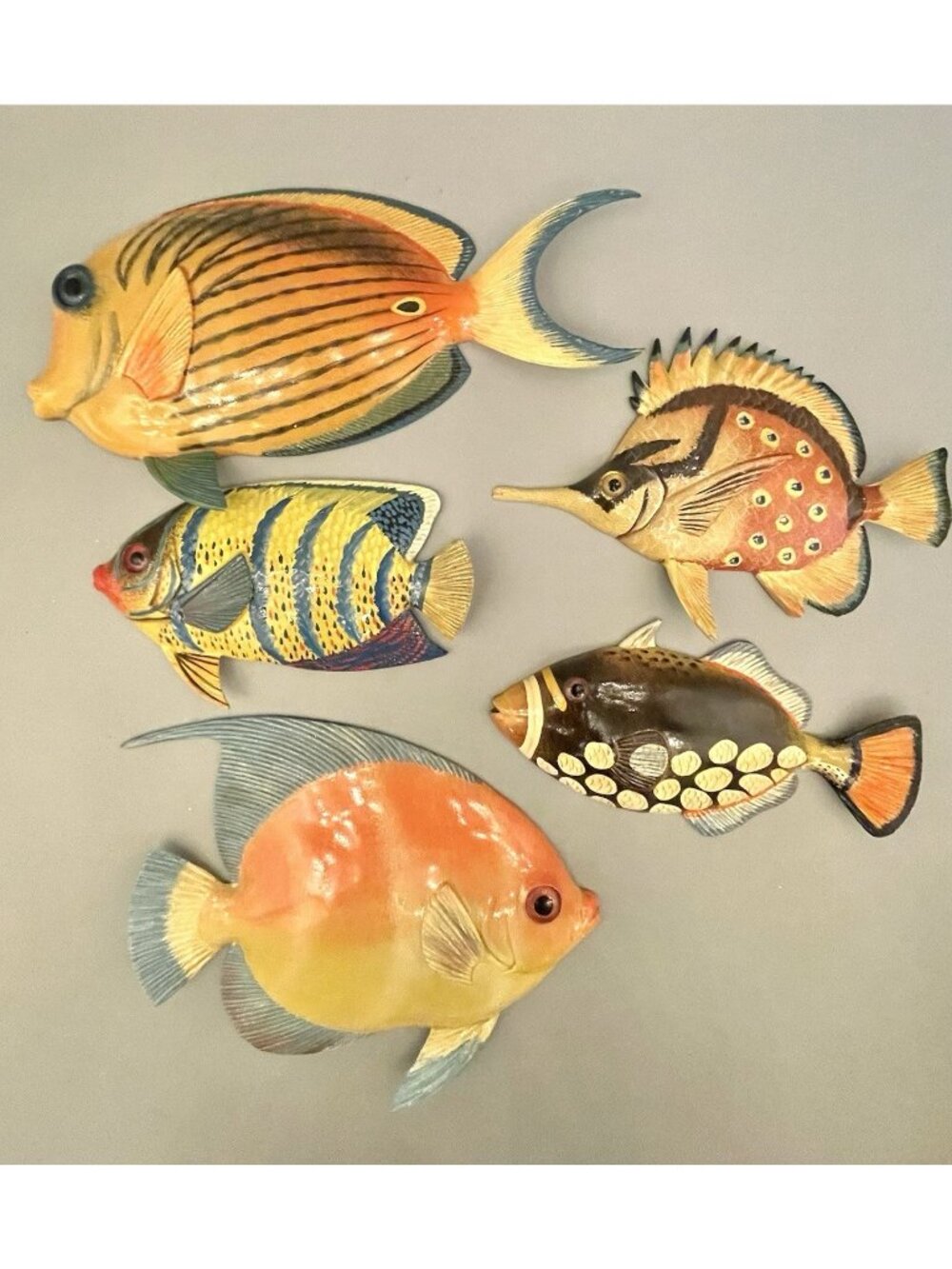 Tropical Fish Wall Plaques Set of 5 Lacquered 3D Colorful Retro Kitschy MCM